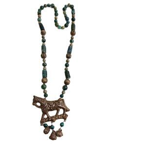 COPY - Vintage Green Stone With Brass Horse Pendant Necklace 30" Long